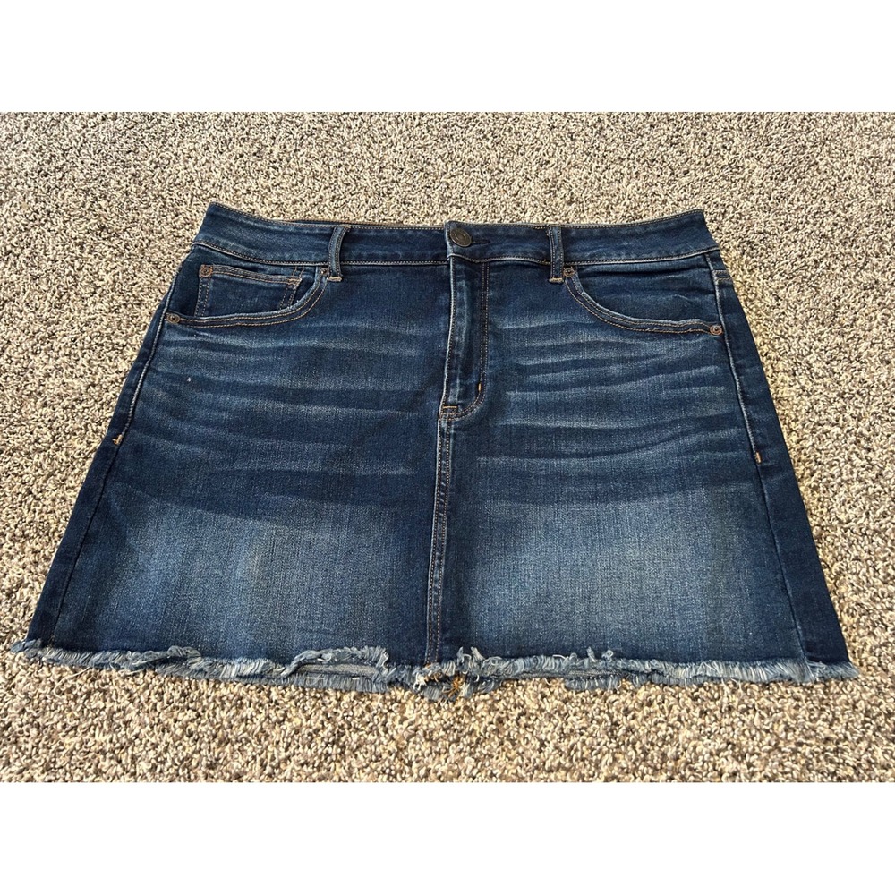 H26 American Eagle Hi-Rise Mini Denim Skirt Dark Wash Raw Hem Next  Stretch 16